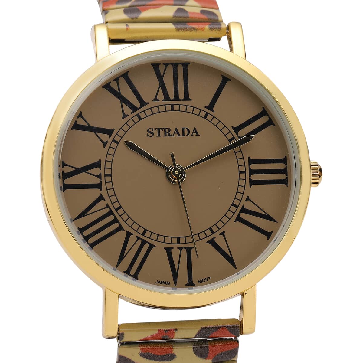 STRADA Japanese Movement Brown Dial Bracelet Watch in Goldtone with Brown Leopard Pattern Strap image number 3