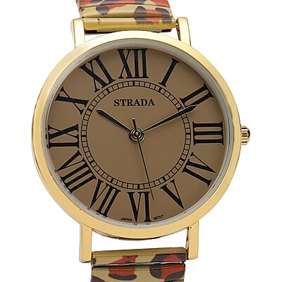 Strada Japanese Movement Brown Dial Bracelet Watch in Goldtone with Brown Leopard Pattern Strap