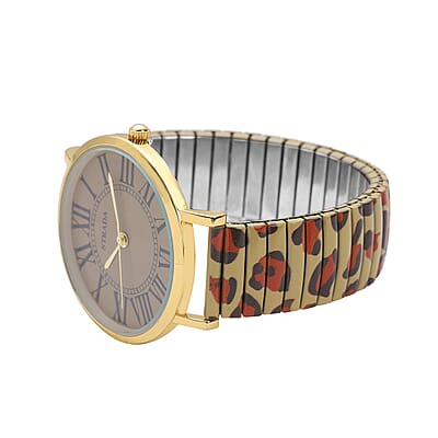 Strada Japanese Movement Brown Dial Bracelet Watch in Goldtone with Brown Leopard Pattern Strap