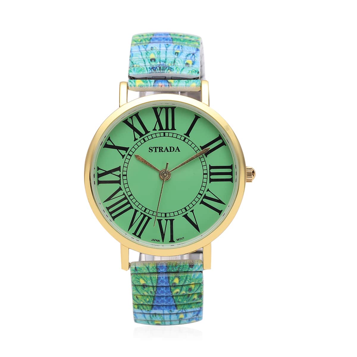 STRADA Japanese Movement Green Dial Bracelet Watch in Goldtone with Peacock Pattern Strap image number 0