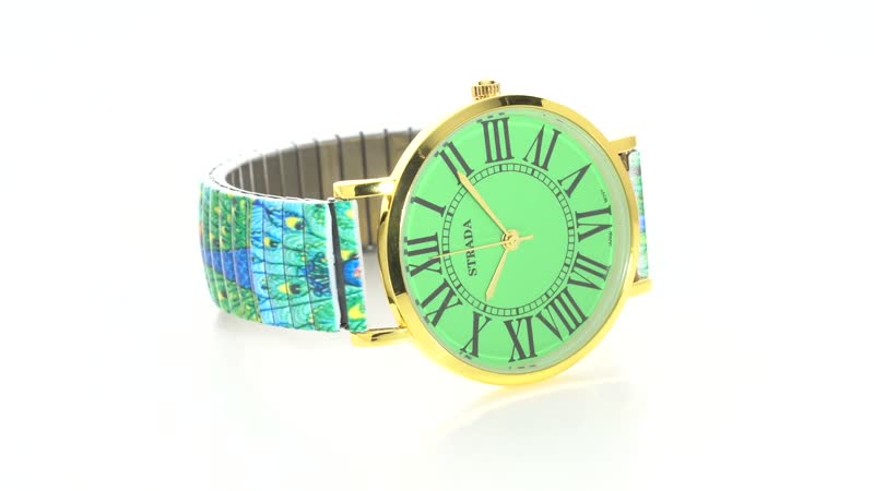 STRADA Japanese Movement Green Dial Bracelet Watch in Goldtone with Peacock Pattern Strap
