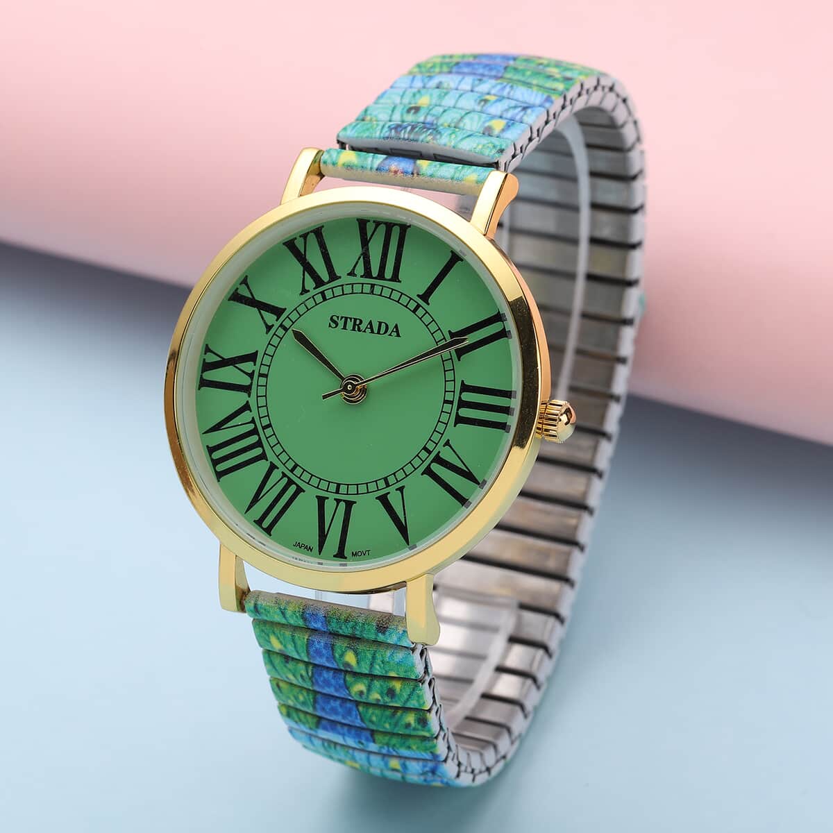 STRADA Japanese Movement Green Dial Bracelet Watch in Goldtone with Peacock Pattern Strap image number 1