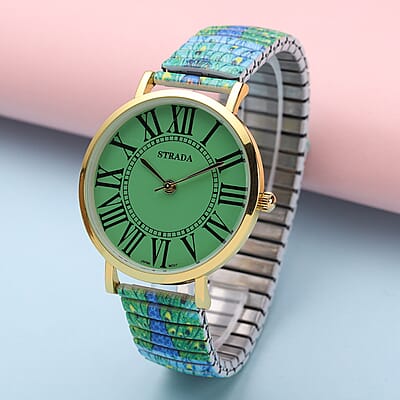 Strada Japanese Movement Green Dial Bracelet Watch in Goldtone with Peacock Pattern Strap
