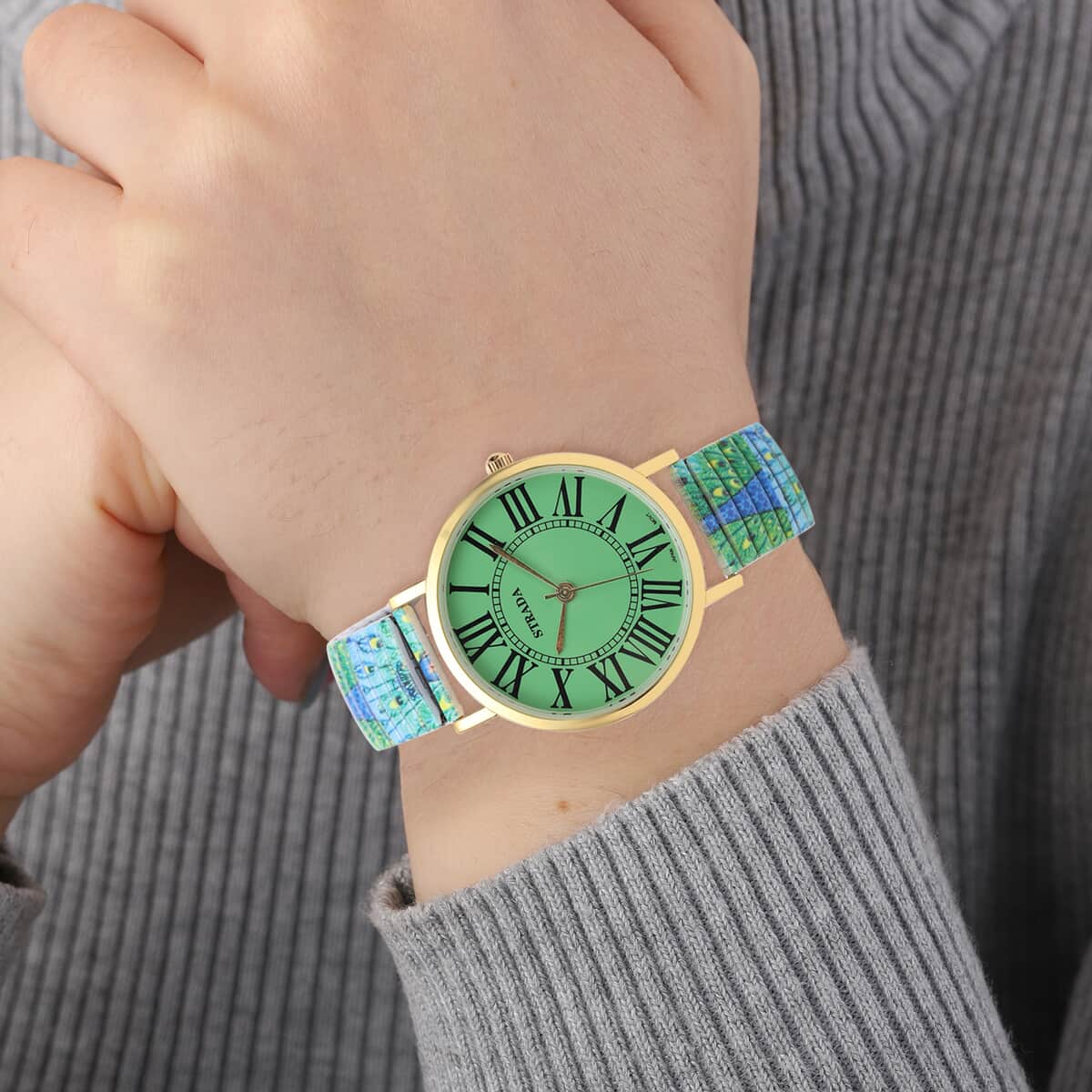 STRADA Japanese Movement Green Dial Bracelet Watch in Goldtone with Peacock Pattern Strap image number 2