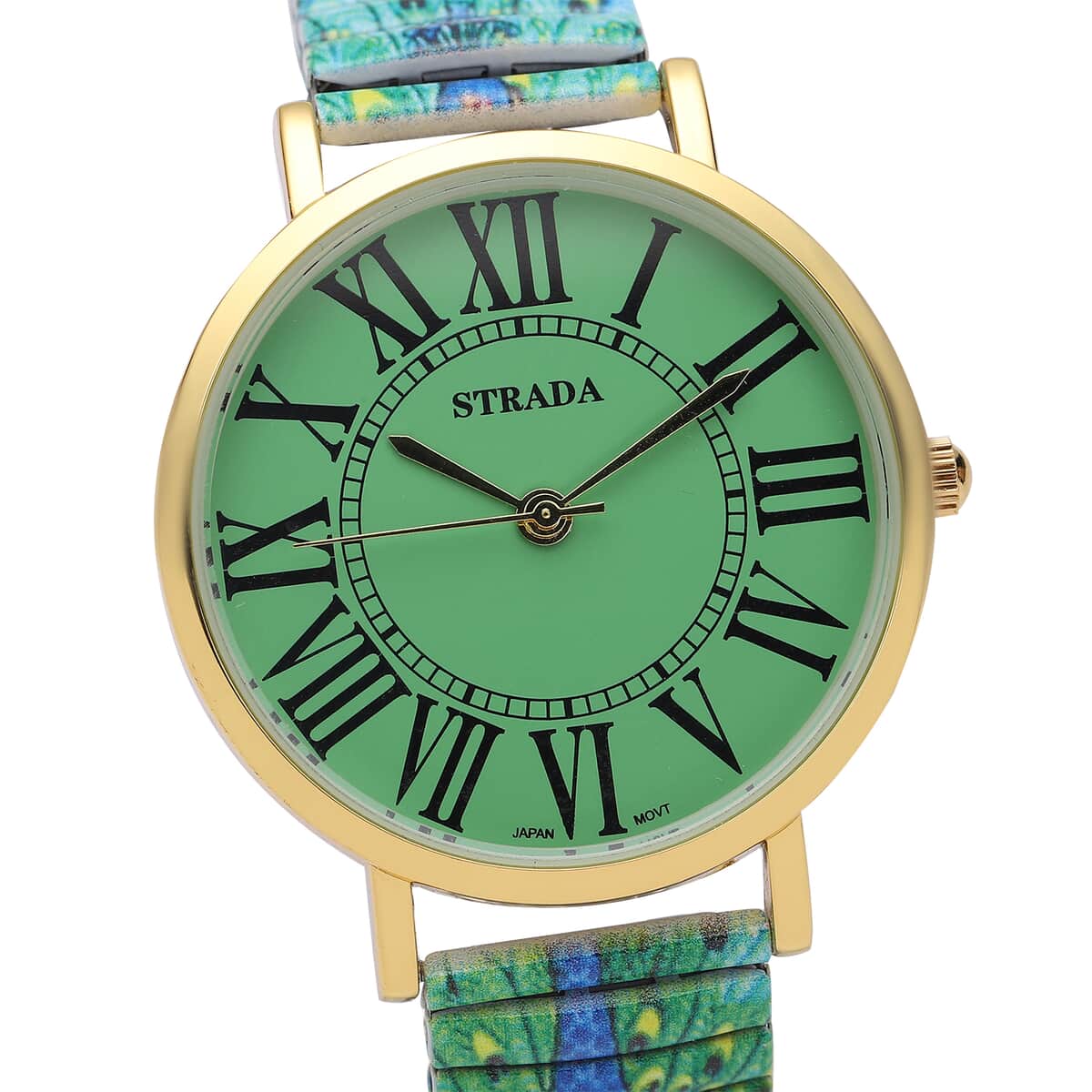 STRADA Japanese Movement Green Dial Bracelet Watch in Goldtone with Peacock Pattern Strap image number 3