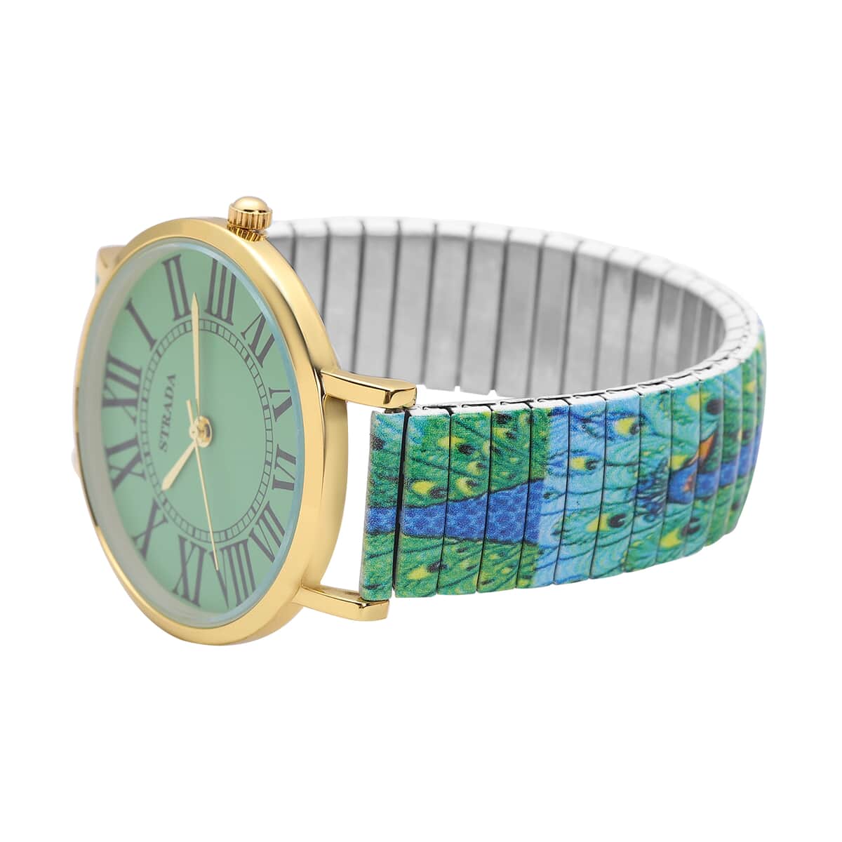 STRADA Japanese Movement Green Dial Bracelet Watch in Goldtone with Peacock Pattern Strap image number 4