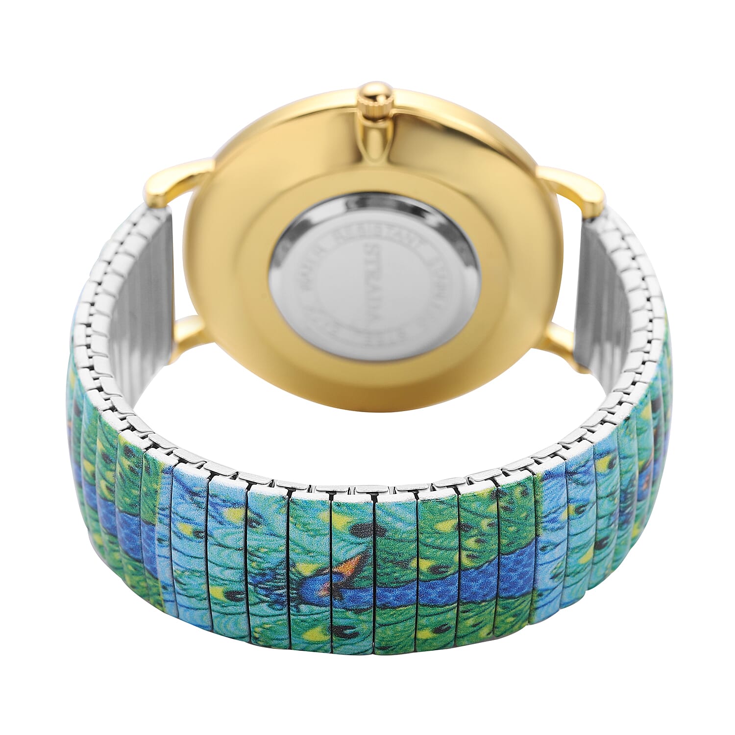 Strada Japanese Movement Green Dial Bracelet Watch in Goldtone with Peacock Pattern Strap