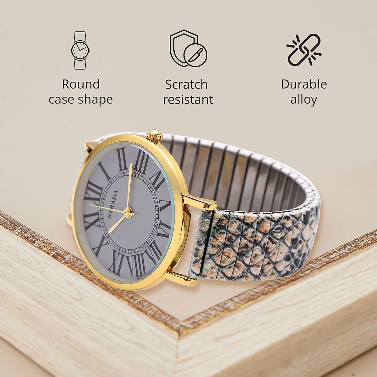 Strada Japanese Movement Gray Dial Bracelet Watch in Goldtone with Snake Pattern Strap image number 4