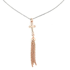Italian 14K Rose Gold Over Sterling Silver Cross and Tassels Necklace 18 Inches 4.20 Grams
