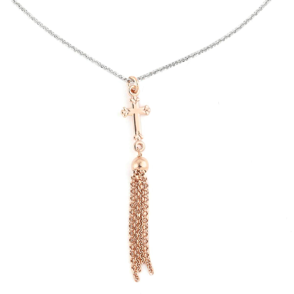 Italian 14K Rose Gold Over Sterling Silver Cross and Tassels Necklace 18 Inches 4.20 Grams image number 0