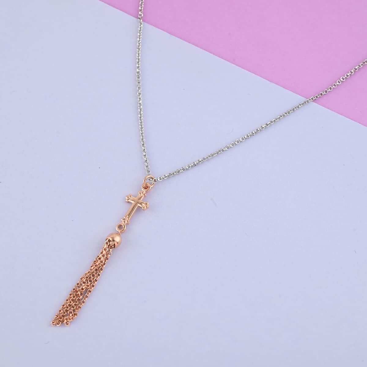Italian 14K Rose Gold Over Sterling Silver Cross and Tassels Necklace 18 Inches 4.20 Grams image number 1