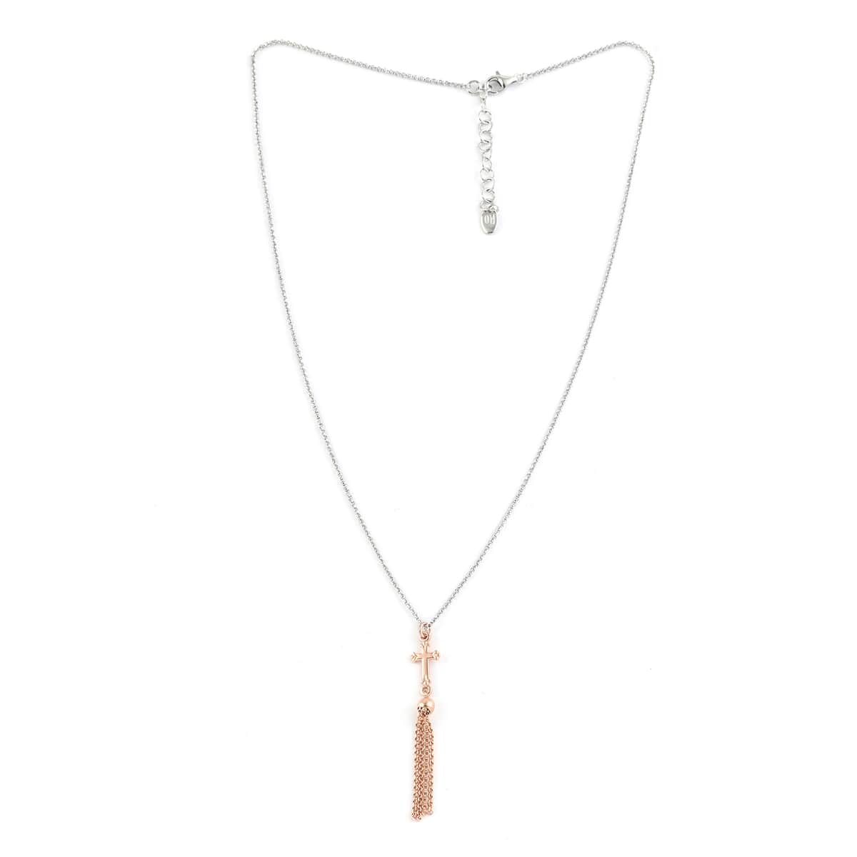 Italian 14K Rose Gold Over Sterling Silver Cross and Tassels Necklace 18 Inches 4.20 Grams image number 3