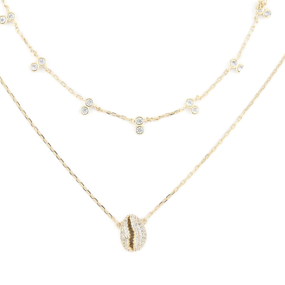 Simulated Diamond Puka Shell Station Necklace 14 Inches in 14K Yellow Gold Over Sterling Silver 2.30 ctw image number 0