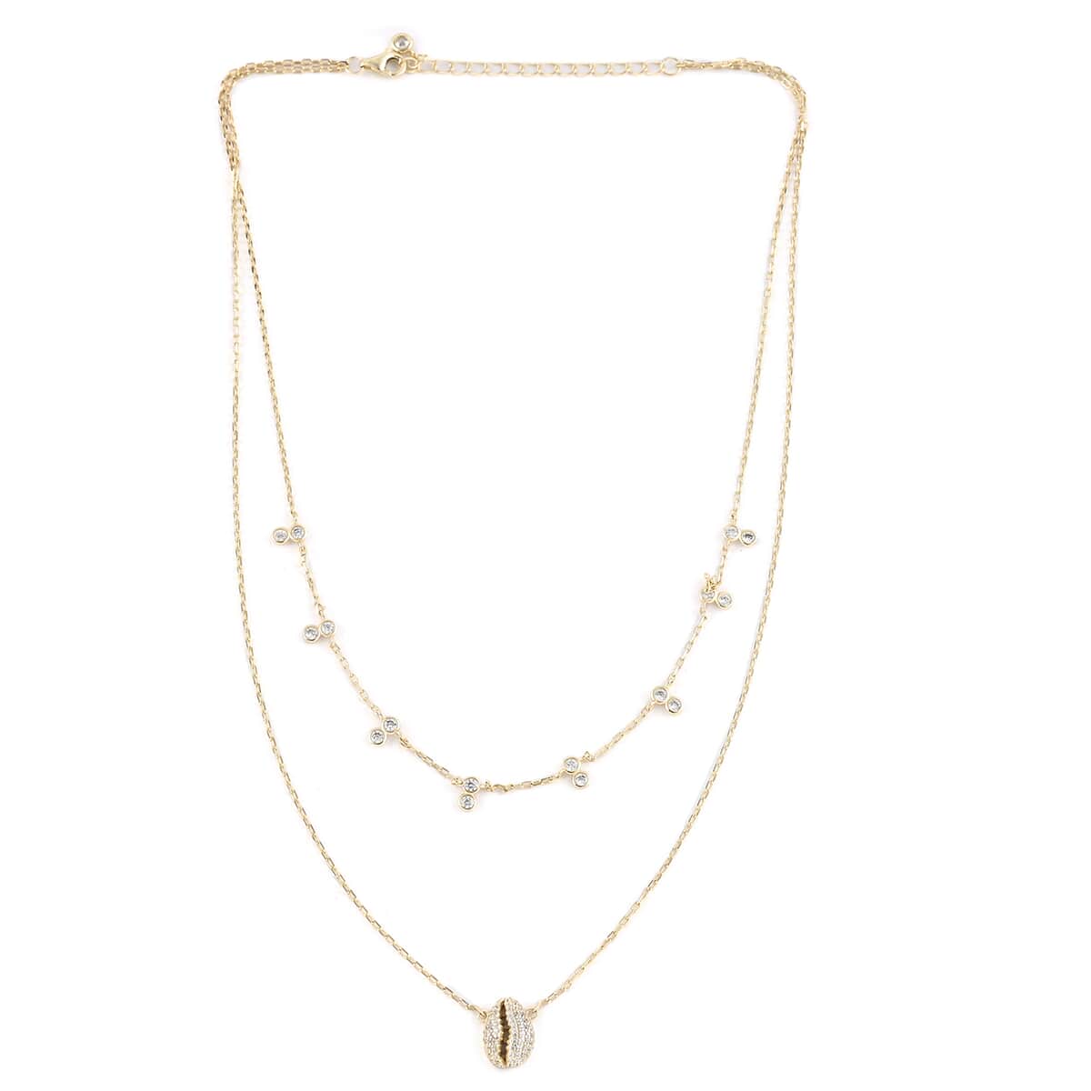 Simulated Diamond Puka Shell Station Necklace 14 Inches in 14K Yellow Gold Over Sterling Silver 2.30 ctw image number 2