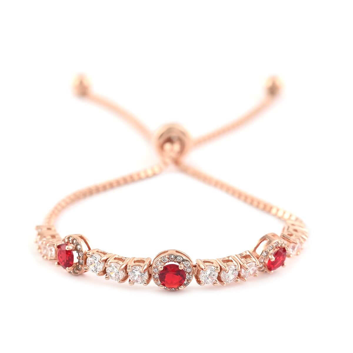 Simulated Red and White Diamond Bolo Bracelet in 14K Rose Gold Over Sterling Silver (Adjustable) 3.30 ctw image number 0