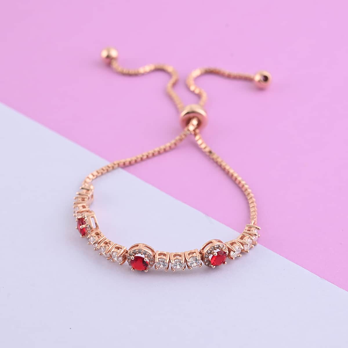 Simulated Red and White Diamond Bolo Bracelet in 14K Rose Gold Over Sterling Silver (Adjustable) 3.30 ctw image number 1