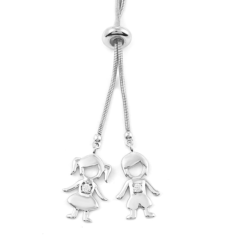 Simulated Diamond Boy or Girl Slider Necklace 28 Inches in Sterling Silver