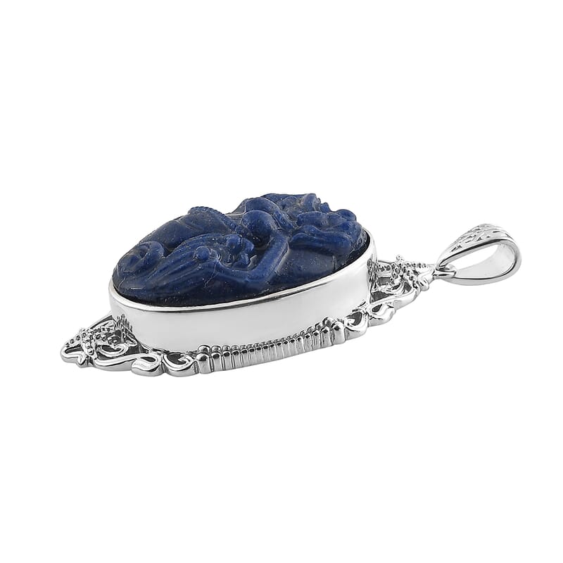 Freshened Lapis Lazuli Carved Pendant in Platinum Over Copper with Magnet 17.15 ctw