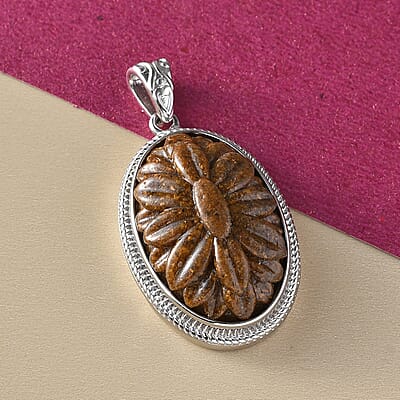 Tiger's Eye Carved Solitaire Pendant in Platinum Over Copper with Magnet 18.15 ctw
