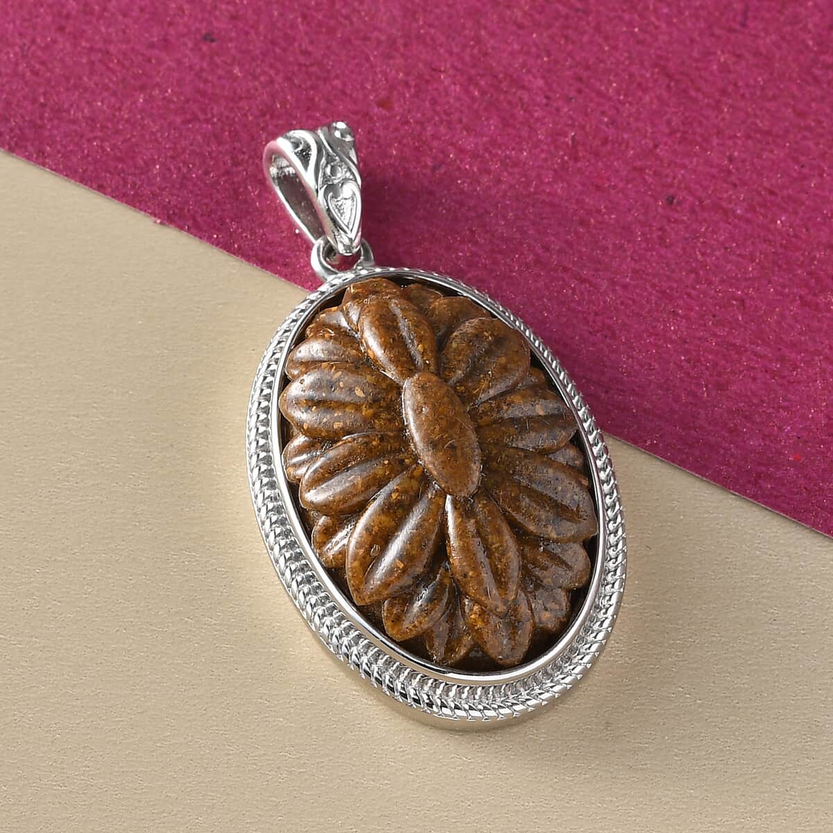 South African Tiger's Eye Carved Solitaire Pendant in Platinum Over Copper with Magnet 18.15 ctw image number 1