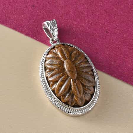 South African Tiger's Eye Carved Solitaire Pendant in Platinum Over Copper with Magnet 18.15 ctw image number 1