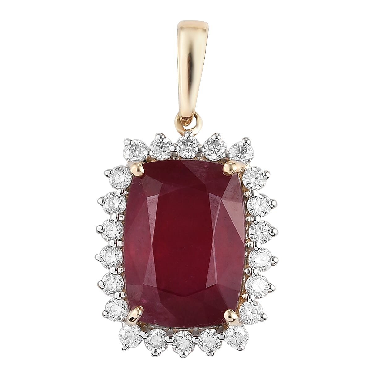 Luxoro 10K Yellow Gold AAA Niassa Ruby (FF) and Moissanite Halo Pendant without Chain 10.25 ctw