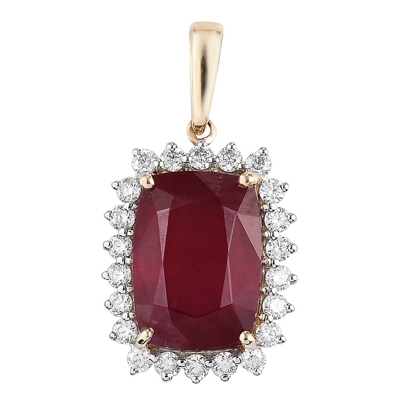Luxoro 10K Yellow Gold AAA Niassa Ruby (FF) and Moissanite Halo Pendant without Chain 10.25 ctw