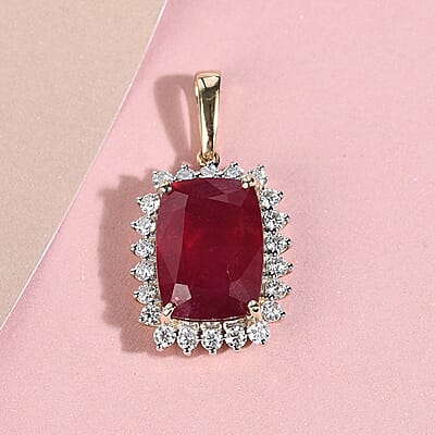 Luxoro 10K Yellow Gold AAA Niassa Ruby (FF) and Moissanite Halo Pendant without Chain 10.25 ctw