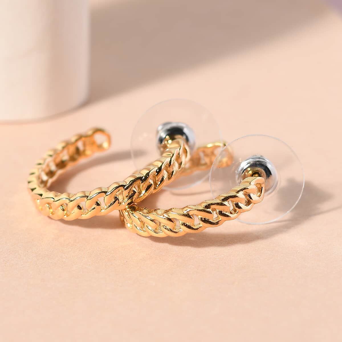 Vermeil Yellow Gold Over Sterling Silver Curb Chain J-Hoop Earrings 3.80 Grams image number 1