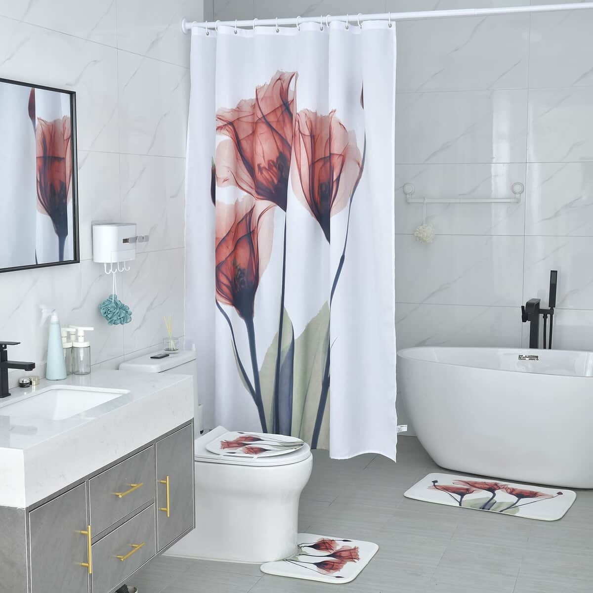Set of 4 Green Red Flower Pattern Bathroom 100% Polyester Shower Curtain (70"x70''), Floor Mat (29"x17.5''), Toilet Cover (13.5"x14.5''), Toilet Mat (17.5"x14.5'') image number 1