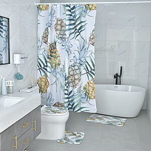 Set of 4 Green Pineapple Pattern Bathroom 100% Polyester Shower Curtain, Floor Mat, Toilet Cover, Toilet Mat