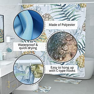 Set of 4 Green Pineapple Pattern Bathroom 100% Polyester Shower Curtain, Floor Mat, Toilet Cover, Toilet Mat