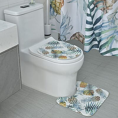 Set of 4 Green Pineapple Pattern Bathroom 100% Polyester Shower Curtain, Floor Mat, Toilet Cover, Toilet Mat