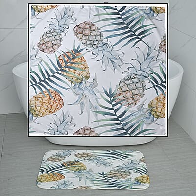 Set of 4 Green Pineapple Pattern Bathroom 100% Polyester Shower Curtain, Floor Mat, Toilet Cover, Toilet Mat