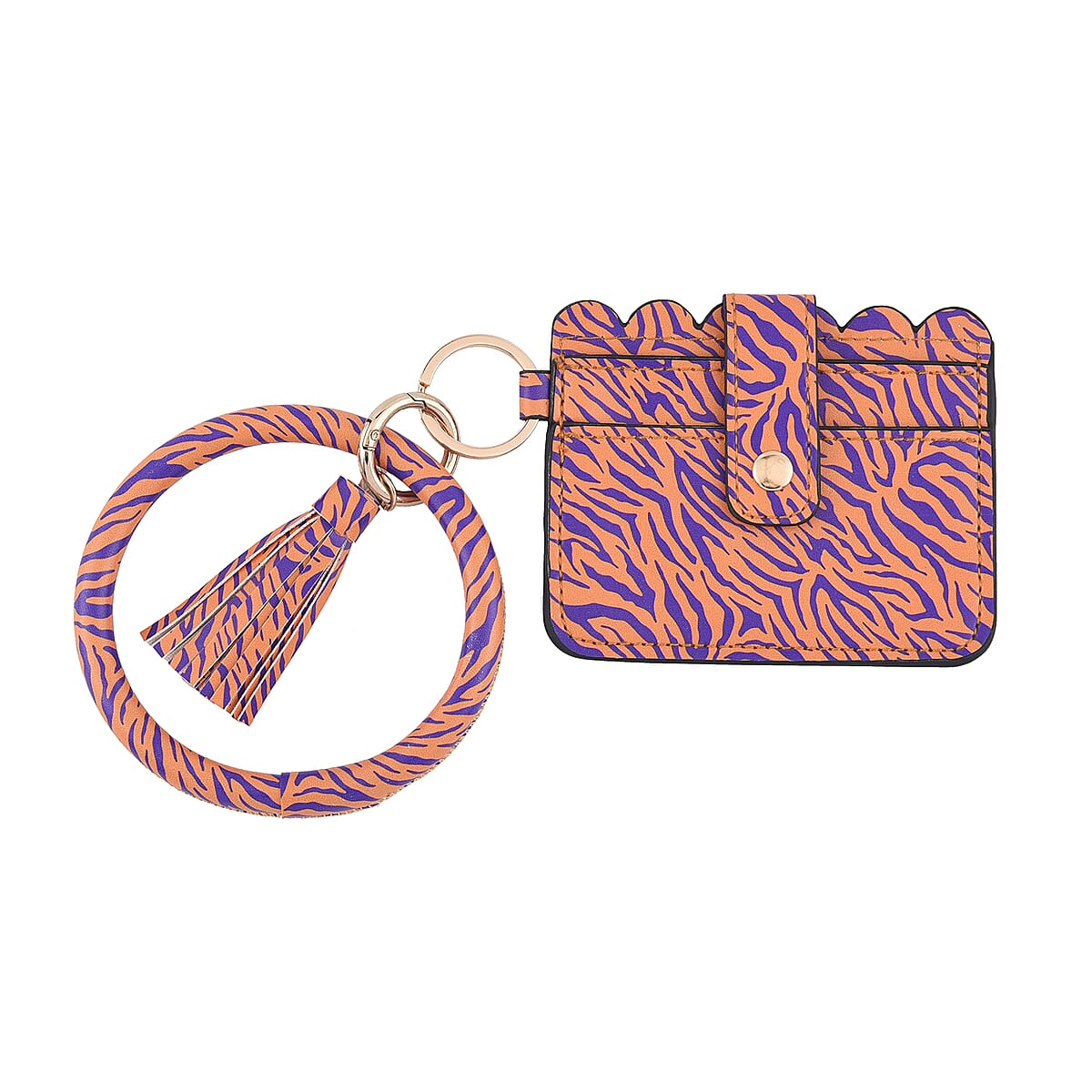 Orange & Purple Faux Leather Cardholder Bangle Key Ring with Tassels image number 0