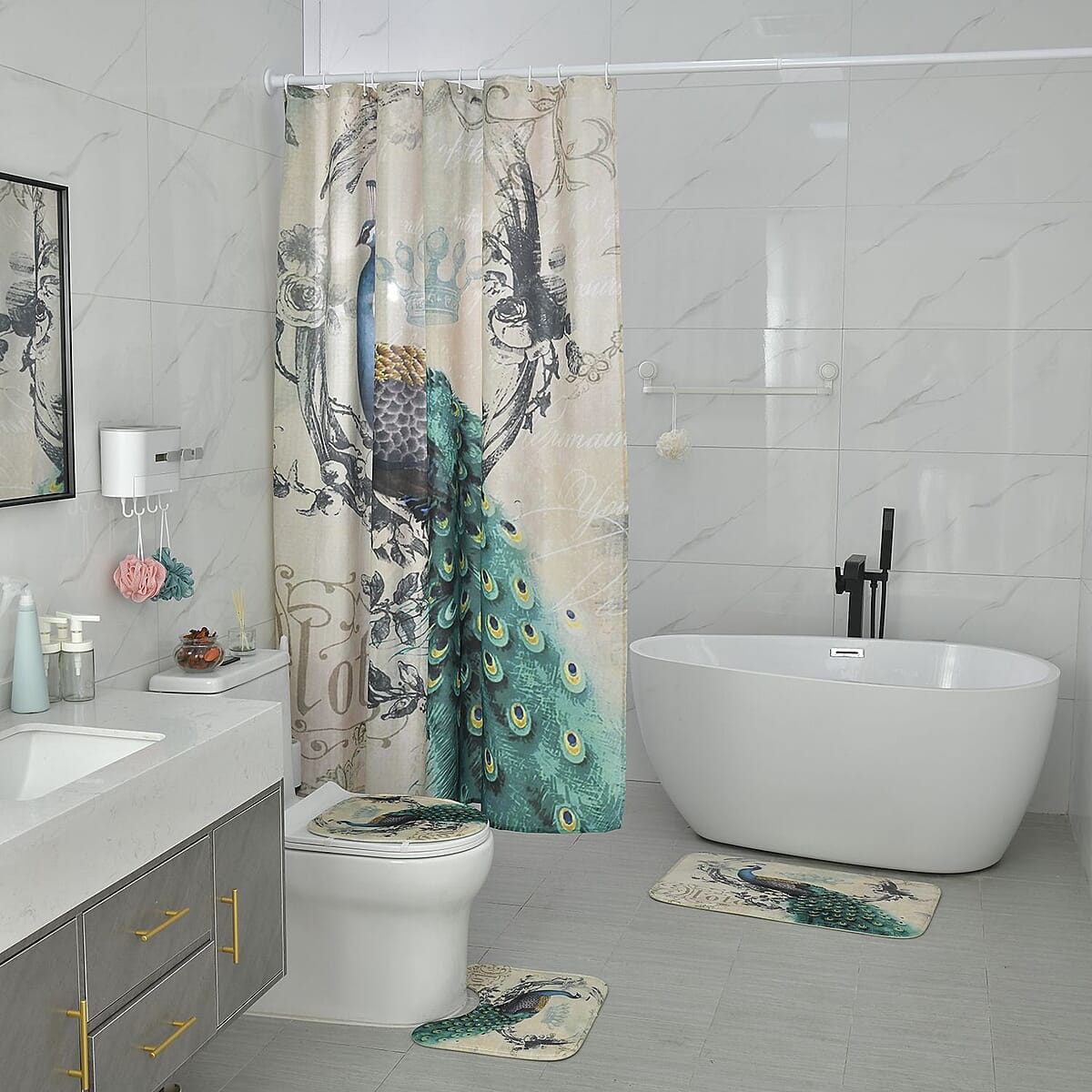 Set of 4 Green Peacock Pattern Bathroom 100% Polyester Shower Curtain, Floor Mat, Toilet Cover, Toilet Mat image number 1