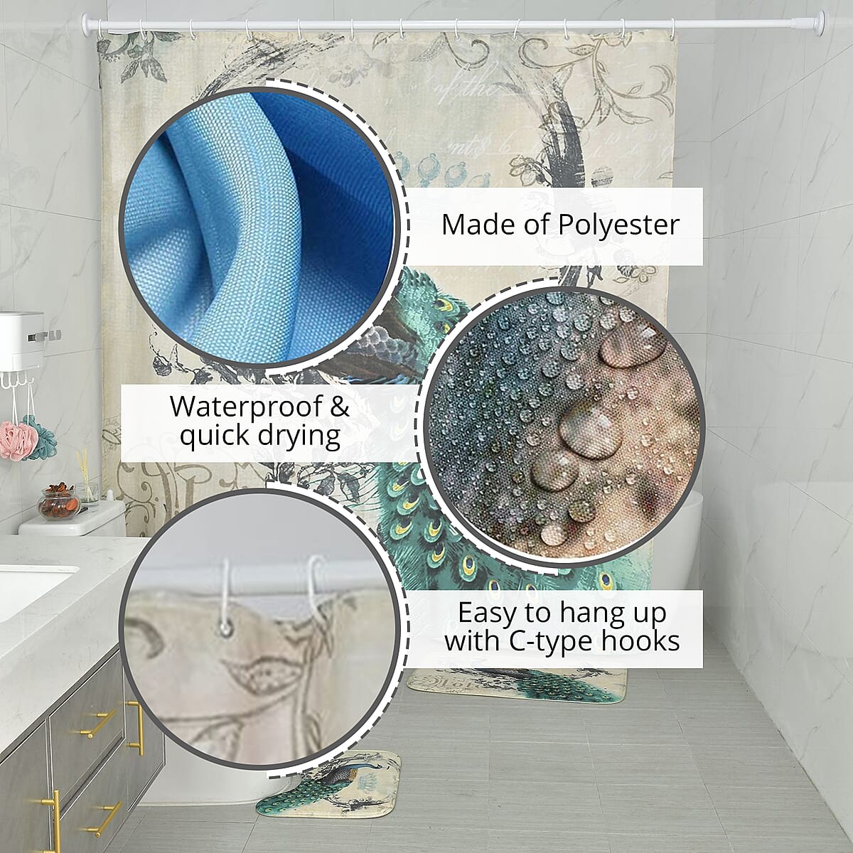 Set of 4 Green Peacock Pattern Bathroom 100% Polyester Shower Curtain, Floor Mat, Toilet Cover, Toilet Mat image number 2