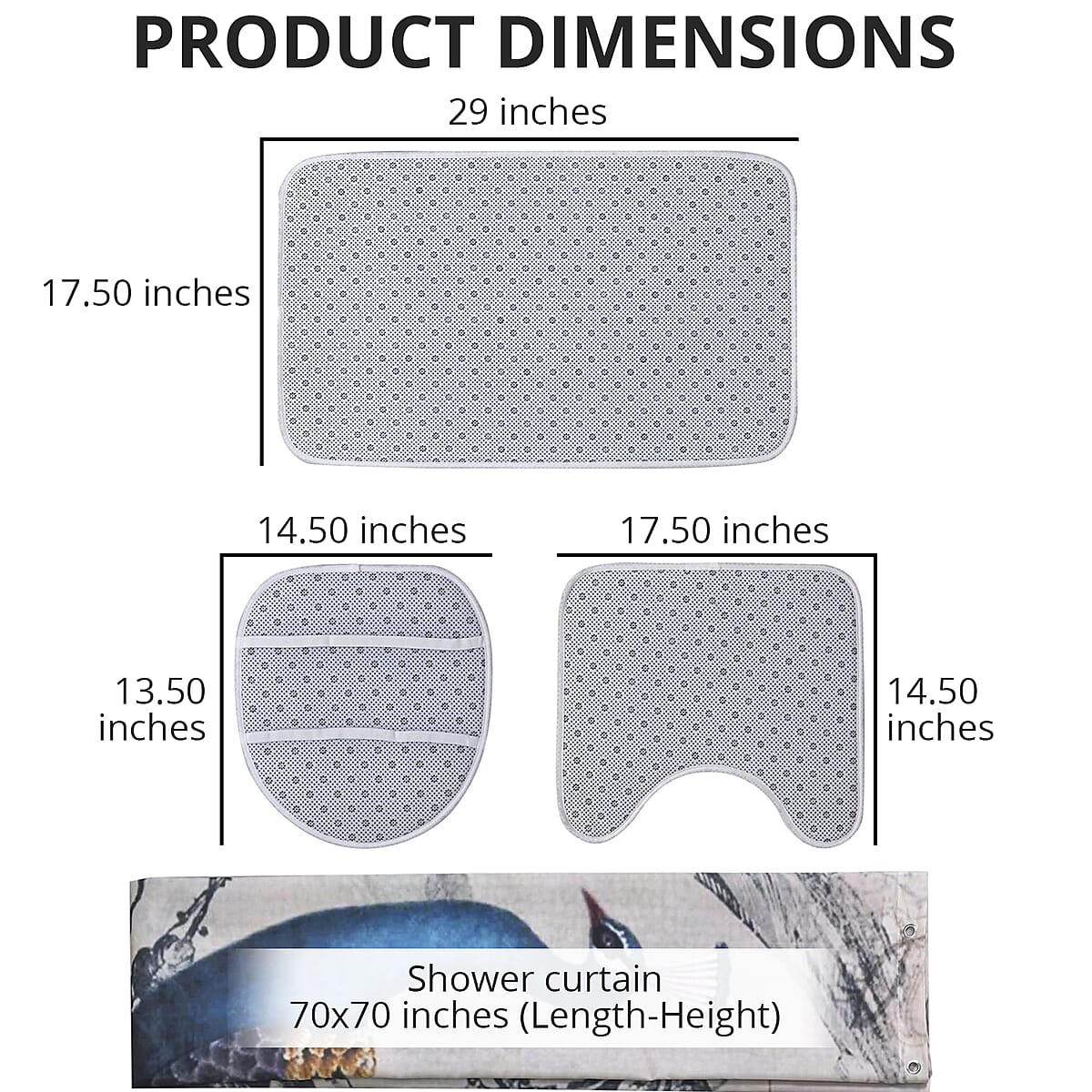 Set of 4 Green Peacock Pattern Bathroom 100% Polyester Shower Curtain, Floor Mat, Toilet Cover, Toilet Mat image number 4