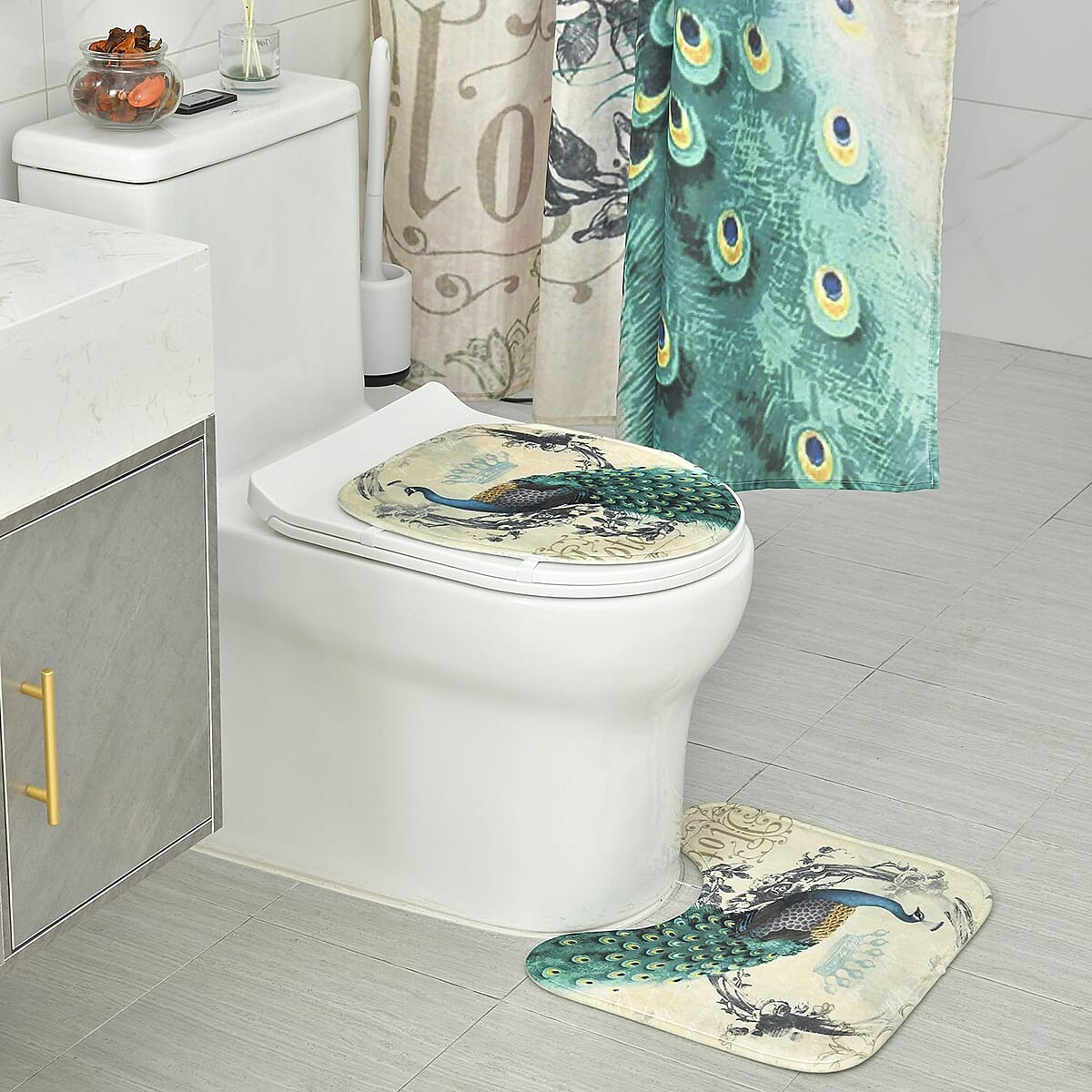 Set of 4 Green Peacock Pattern Bathroom 100% Polyester Shower Curtain, Floor Mat, Toilet Cover, Toilet Mat image number 5