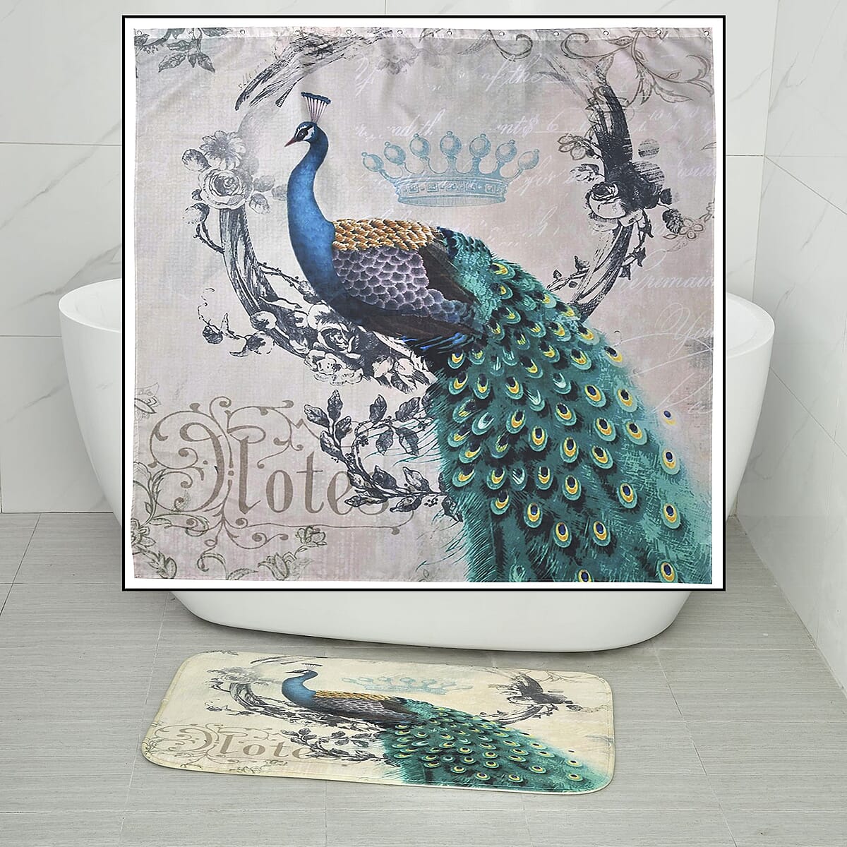 Set of 4 Green Peacock Pattern Bathroom 100% Polyester Shower Curtain, Floor Mat, Toilet Cover, Toilet Mat image number 6