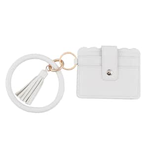 White Faux Leather Cardholder Bangle Key Ring with Tassels