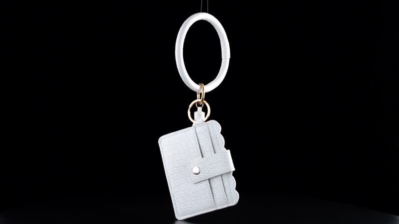 White Faux Leather Cardholder Bangle Key Ring with Tassels