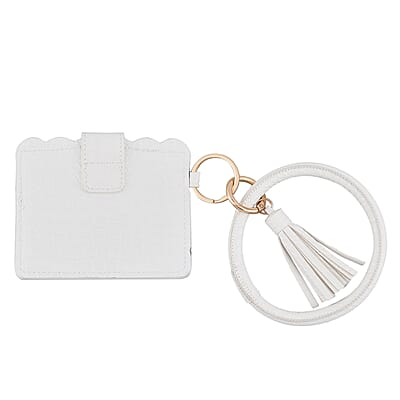 White Faux Leather Cardholder Bangle Key Ring with Tassels