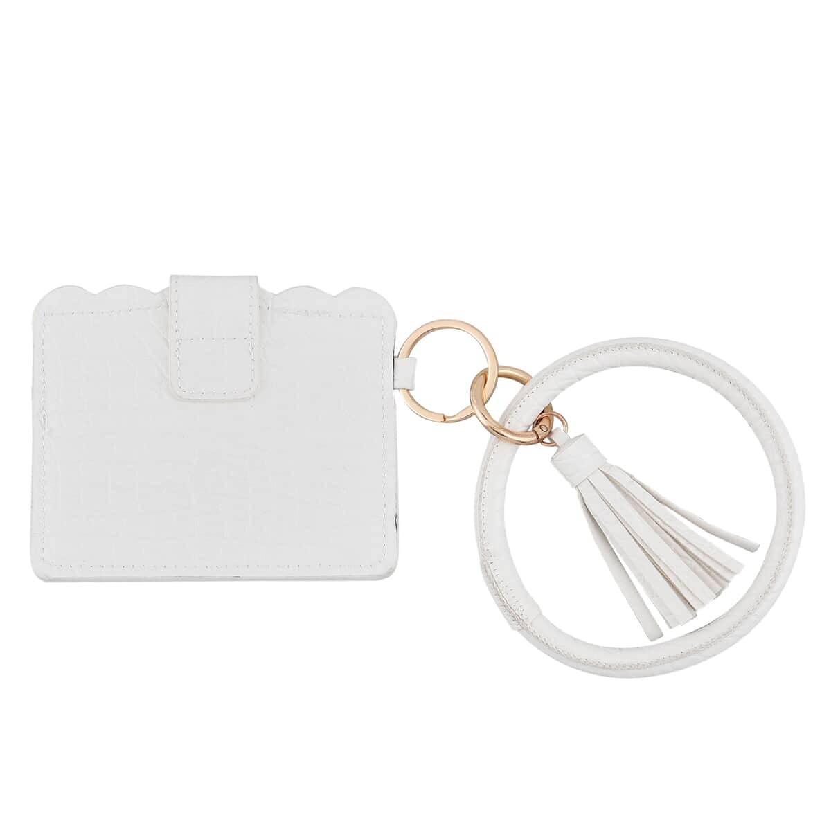 White Faux Leather Cardholder Bangle Key Ring with Tassels image number 1
