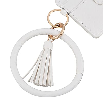 White Faux Leather Cardholder Bangle Key Ring with Tassels