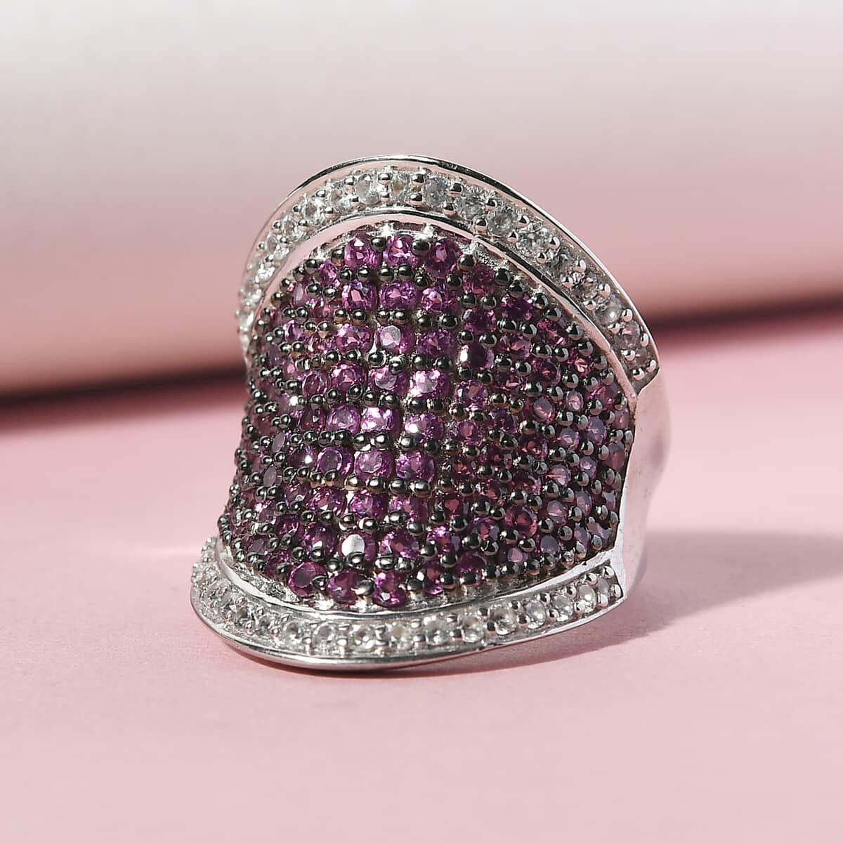 Orissa Rhodolite Garnet and Natural White Zircon Cluster Ring in Platinum Over Sterling Silver (Size 5.0) 3.50 ctw image number 1