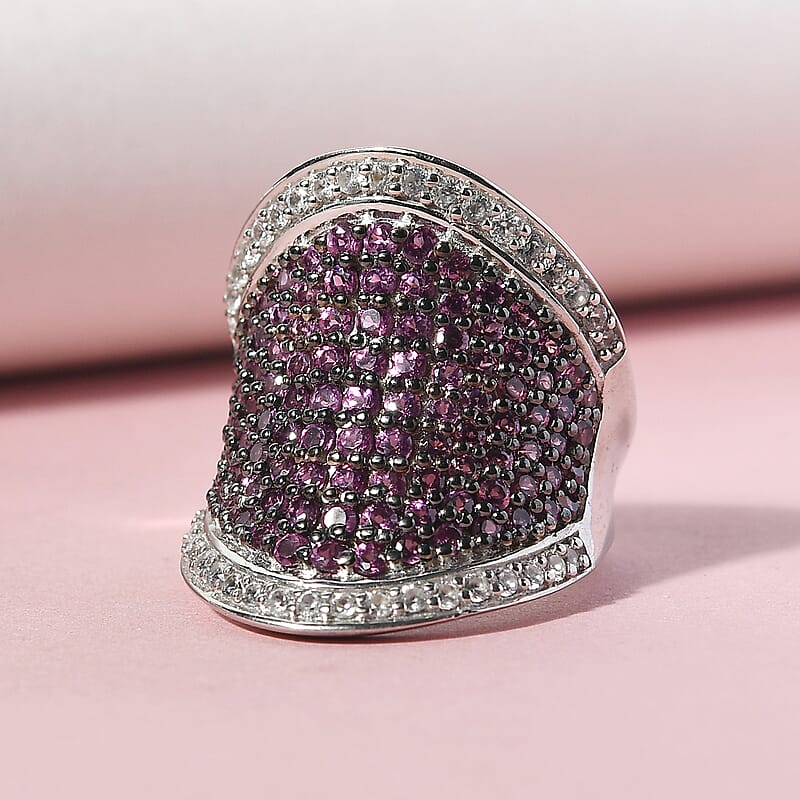 Orissa Rhodolite Garnet and Natural White Zircon Cluster Ring in Platinum Over Sterling Silver (Size 5.0) 3.50 ctw