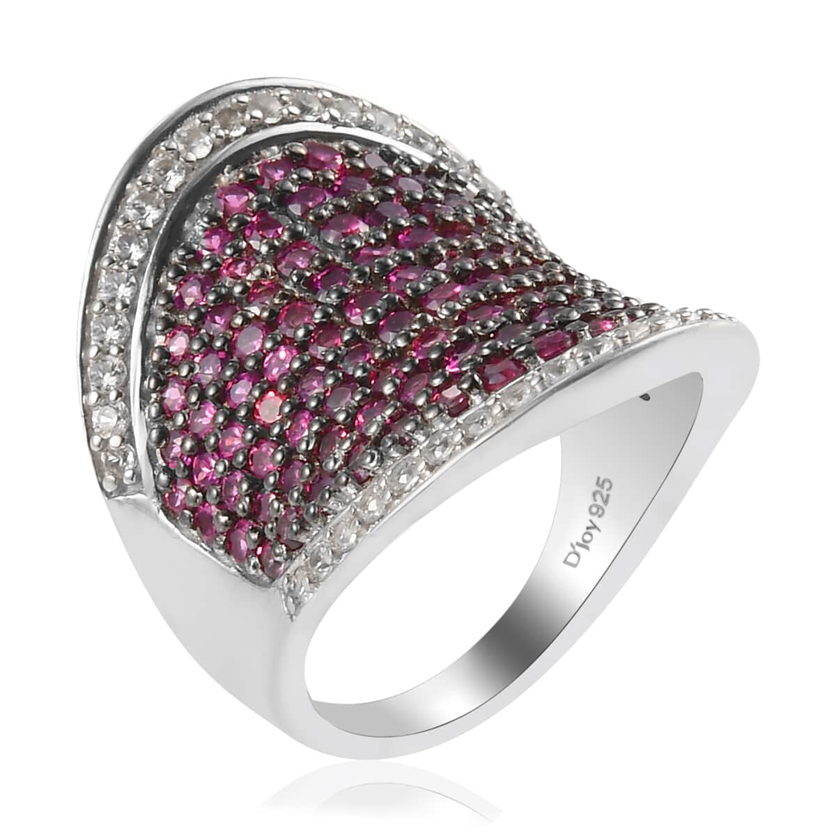 Orissa Rhodolite Garnet and Natural White Zircon Cluster Ring in Platinum Over Sterling Silver (Size 5.0) 3.50 ctw image number 3