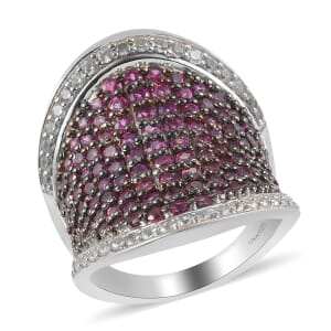 Orissa Rhodolite Garnet and Natural White Zircon Cluster Ring in Platinum Over Sterling Silver (Size 7.0) 10.50 Grams 3.50 ctw