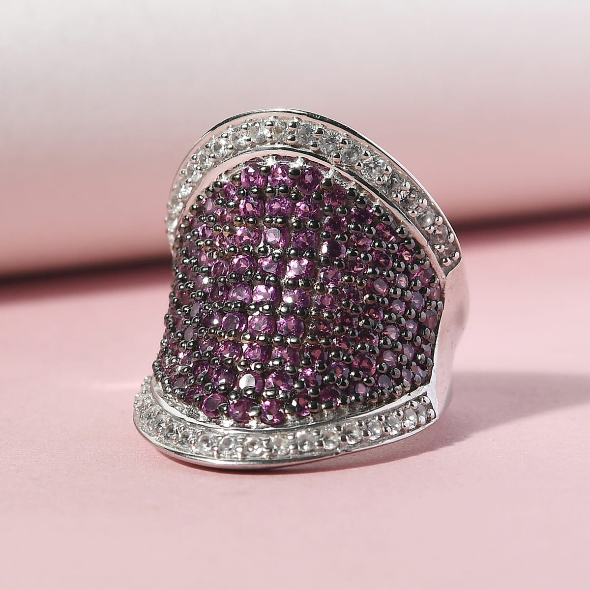 Orissa Rhodolite Garnet and Natural White Zircon Cluster Ring in Platinum Over Sterling Silver (Size 7.0) 10.50 Grams 3.50 ctw image number 1